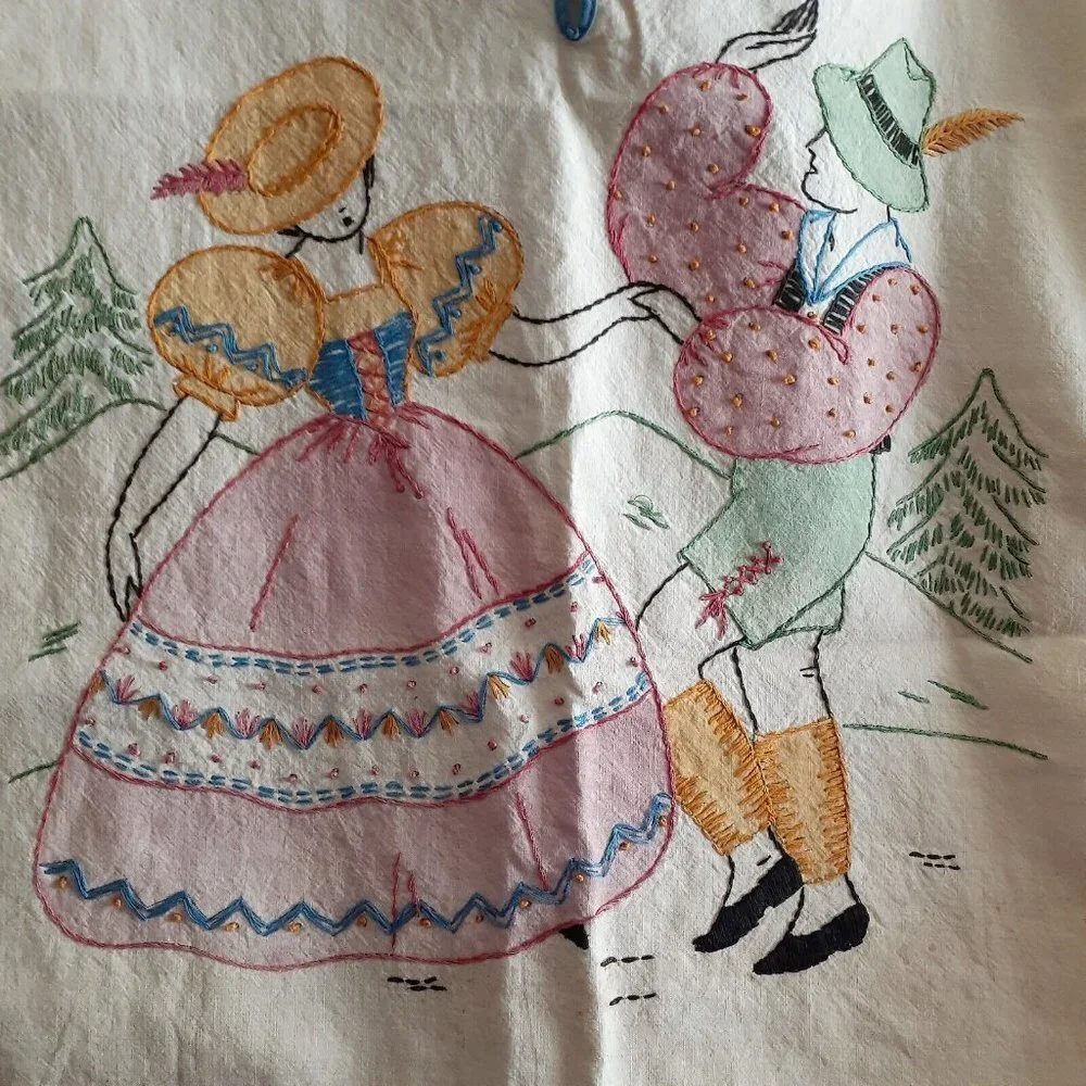 1940's Laundry Bag Embroidered Switzerland Lederhosen Man Corset Dress Lady